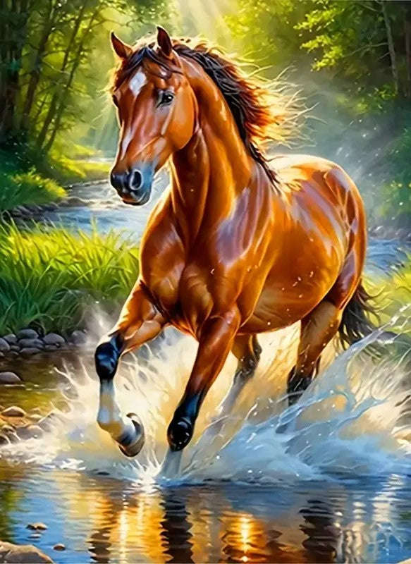 Brown horse running in river