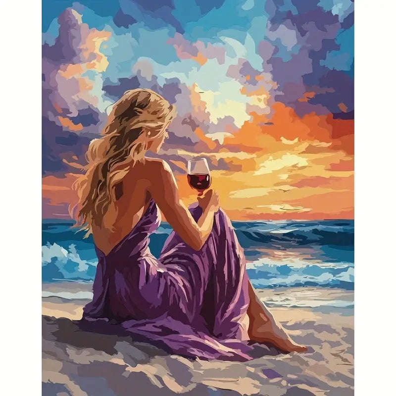 PAINT BY NUMBERS - Lady drinking wine on beach