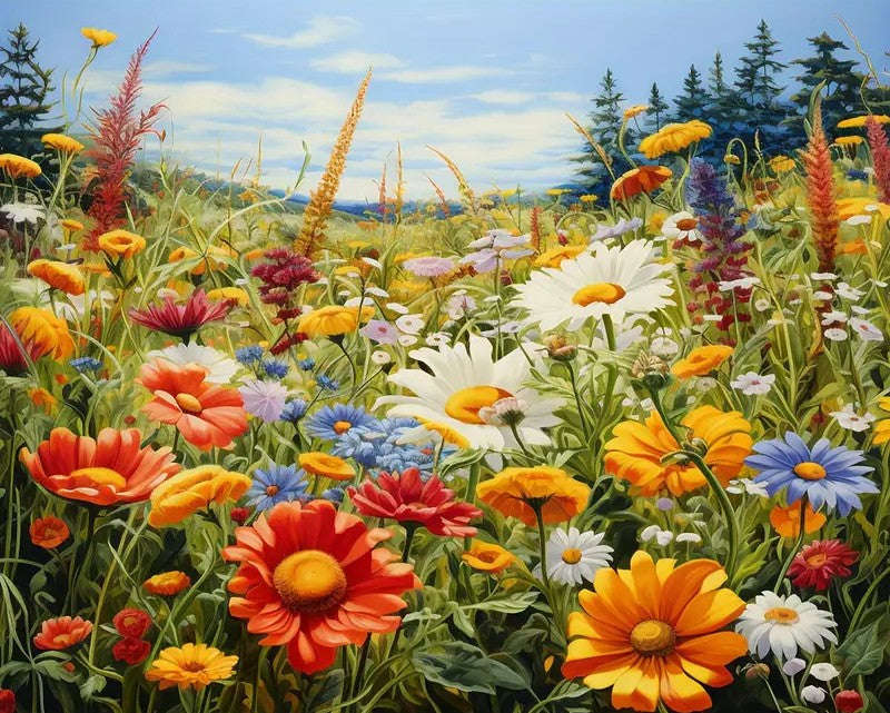 PAINT BY NUMBERS - Colourful flowers in field