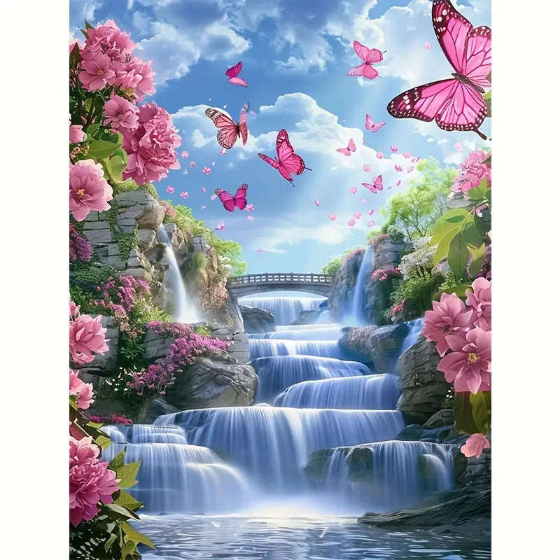 Waterfall with pink butterflies