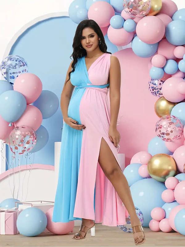 Women's Maternity Colorblock Cross Wrap Split Dress