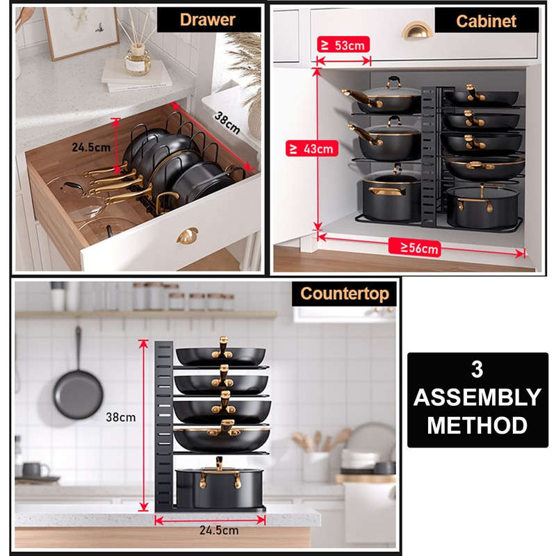 8 Tier Pot And Pan Organiser Rack Adjustable Under Or In Cabinet- 3 Methods