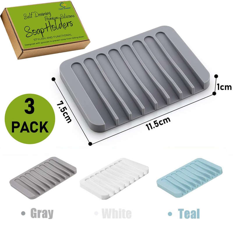3 Piece Self Draining Premium Silicone Soap Holder Dish For Bathroom Kitchen