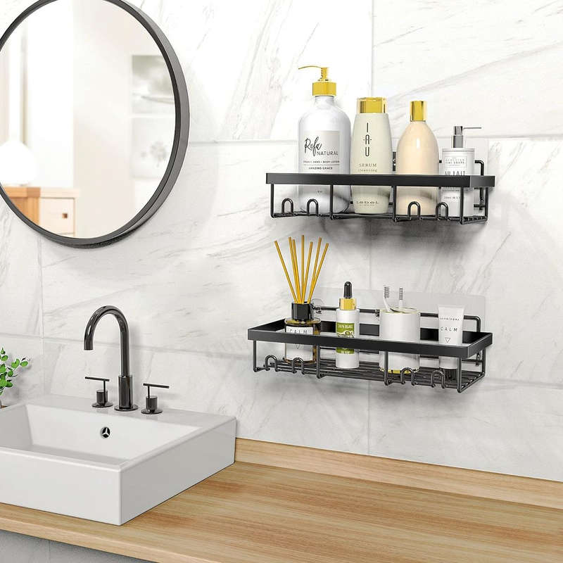 Adhesive Shower Caddy No Drill Organiser with 2 Soap Holder, Hooks - 6 Piece