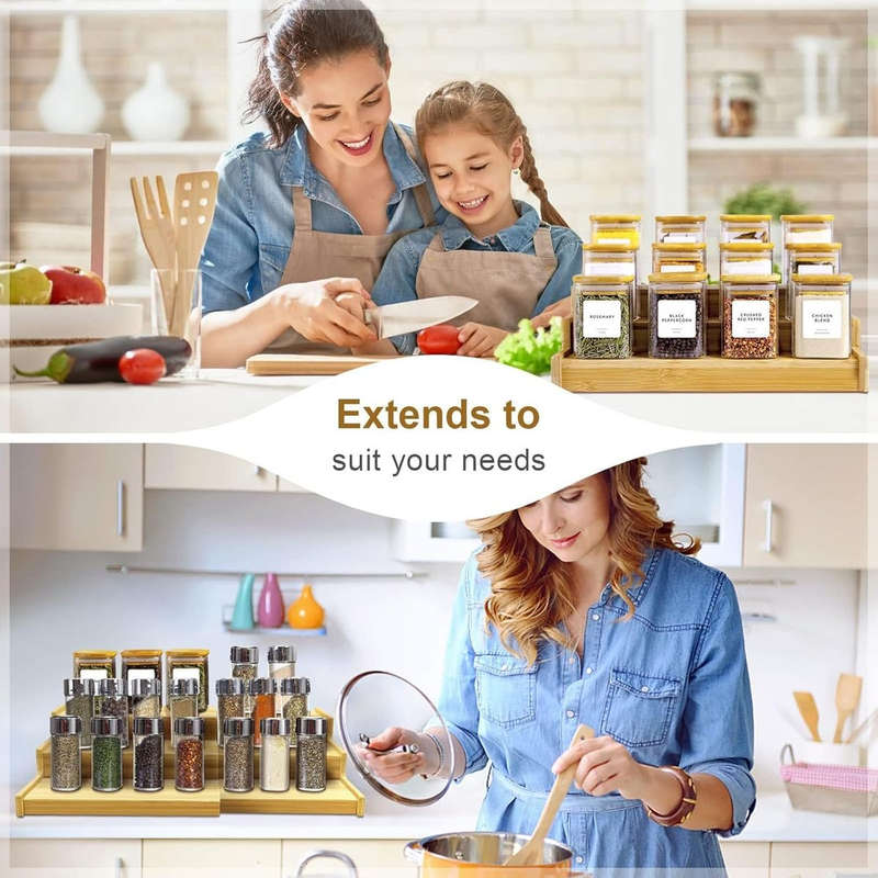 3 Tier Expandbale Bamboo Spice Rack Organiser Cabinet With Labels & Marker