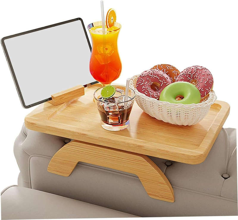 Cart in Mart Foldable Bamboo Couch Arm Tray Table with 360 Phone Holder For Sofa Side