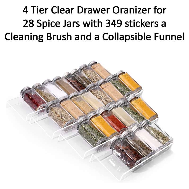 4 Tier Clear Acrylic Drawer Spice Rack Organiser With 28 Containers,Labels