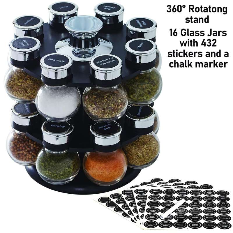 Orbit Rotating Spice Rack Organiser With 16 Shaker Top Jars ,Labels, Marker
