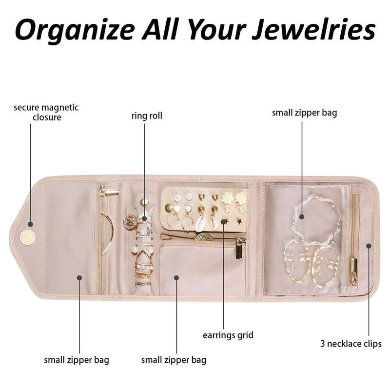 Foldable Travel Jewelry Organiser Case Pouch Roll Bag For Rings Necklace