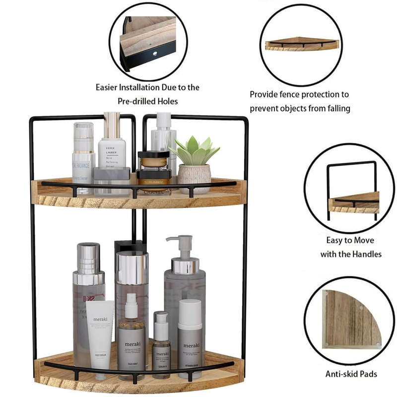 2-Tier Vanity Bathroom Counter Corner Shelf Organiser Kitchen Storage-Wood