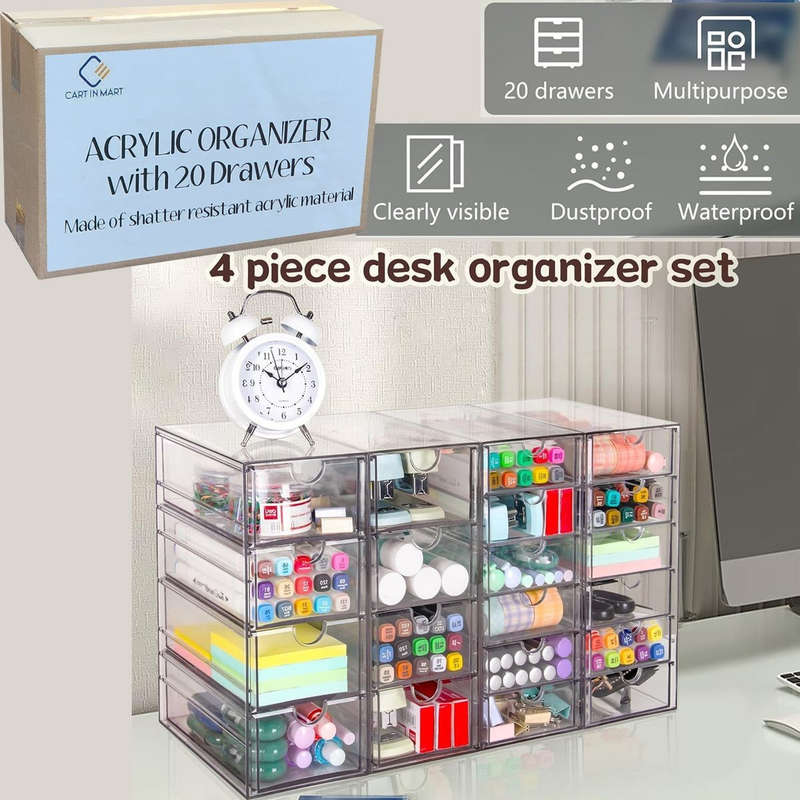 20 Drawer - 4 Sets Clear Makeup Organizers Multipurpose Stackable Storage