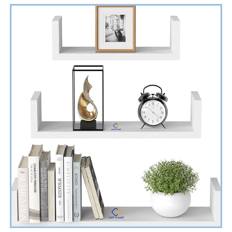 3 Piece U shape Wooden Floating Shelves For Bedroom Bathroom Wall Décor White