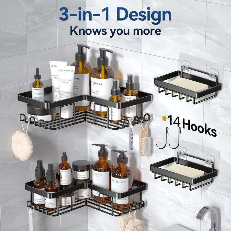 Corner Adhesive Shower Caddy No Drill Organiser With 2 Soap Holder, Hooks
