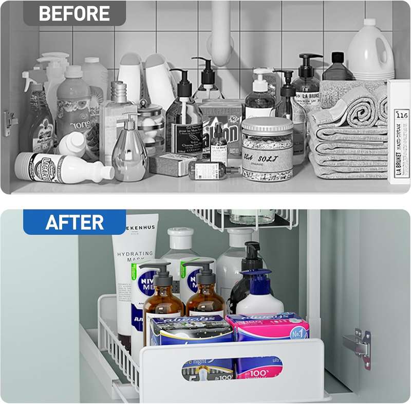 2-Pack Under Sink Organiser Kitchen Bathroom Pull Out Storage Shelves-White