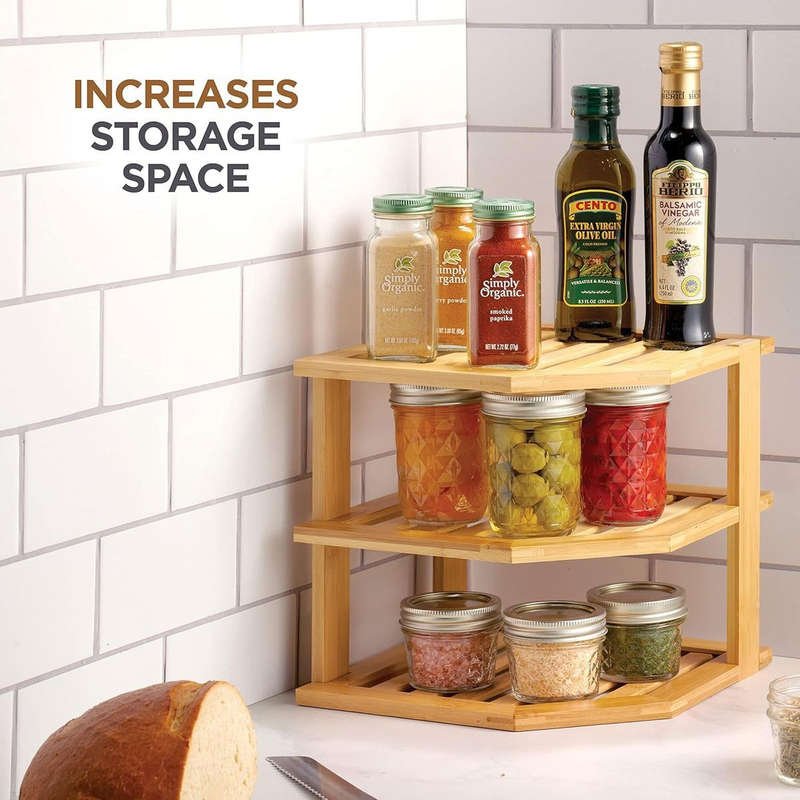 3 Tier-Bamboo Corner Shelf Plate Organizer For Kitchen and Bathroom Storage