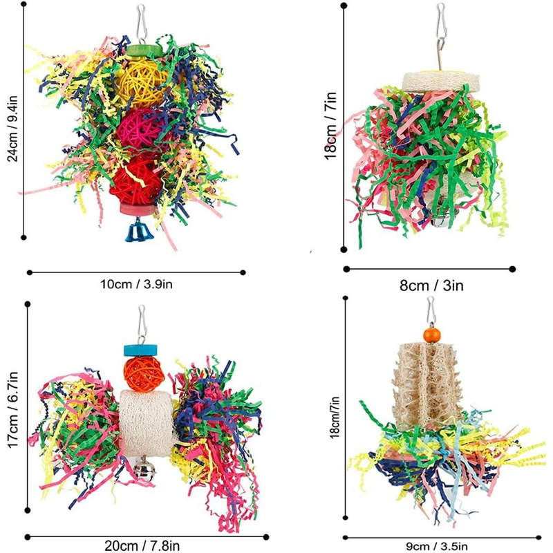 4 Pack Bird Toys Parakeet Shredding Chewing Hanging For Conure Parrot Cage