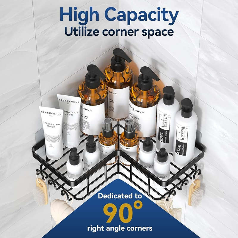 Corner Adhesive Shower Caddy No Drill Organiser With 2 Soap Holder, Hooks
