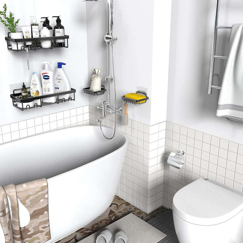 Adhesive Shower Caddy No Drill Organiser with 2 Soap Holder, Hooks - 6 Piece