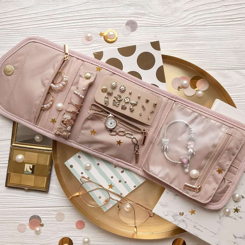 Foldable Travel Jewelry Organiser Case Pouch Roll Bag For Rings Necklace