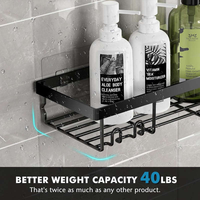 Adhesive Shower Caddy No Drill Organiser with 2 Soap Holder, Hooks - 6 Piece