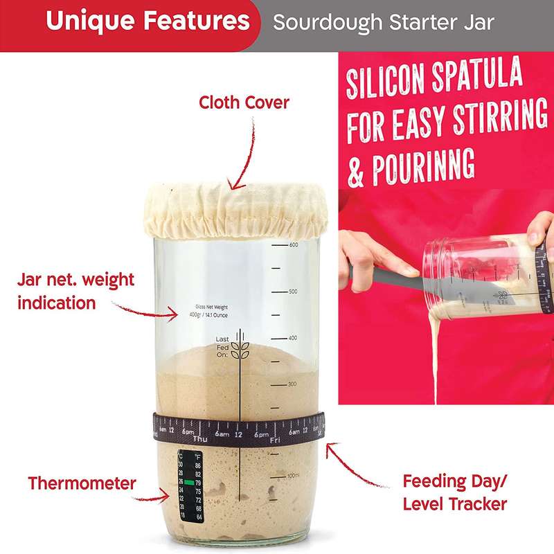 Sourdough Starter Jar Kit With Thermometer, Scrapper, Cloth Cover, Cleaner
