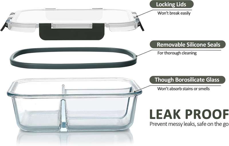 5 Pack Split Compartment Clear Airtight Glass Meal Prep Food Container- 1L