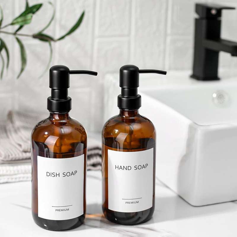 2 Pack Glass Soap Dispenser Amber Refillable Stainless Steel Pump & Labels