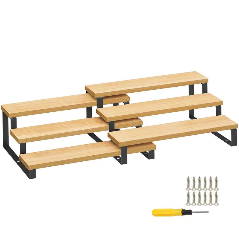 3 Tier Bamboo Expandable Spice Rack Organiser Display Riser Stand Shelf