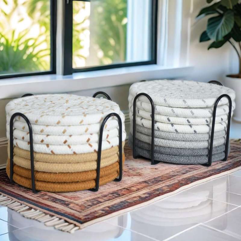 8 Pack Cotton Drink Coasters With Holder For Drinks Cups Hand Woven - Mixed Grey - 11 cm