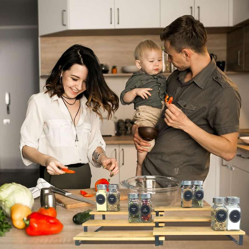 3 Tier Bamboo Expandable Spice Rack Organiser Display Riser Stand Shelf