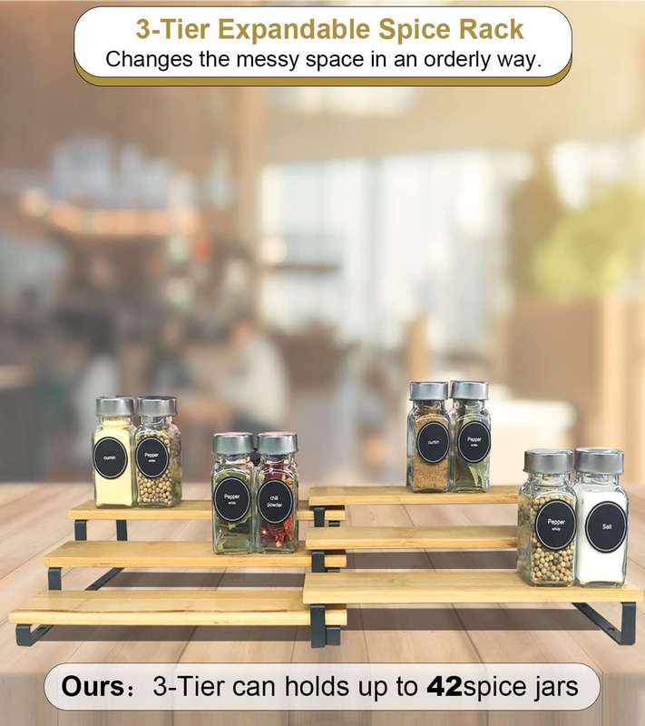 3 Tier Bamboo Expandable Spice Rack Organiser Display Riser Stand Shelf