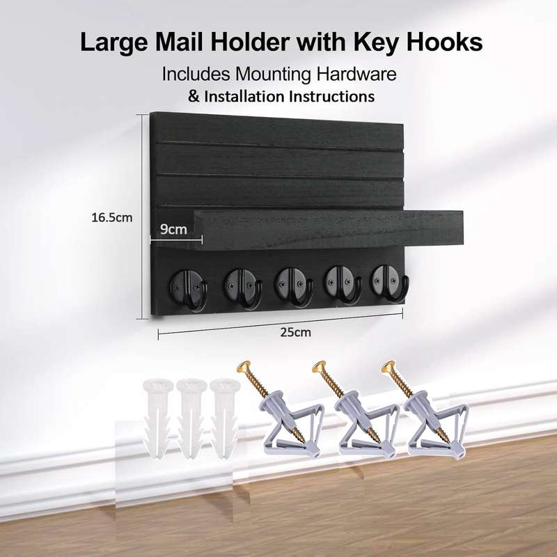 Key Holder and 5 Sturdy Hooks Rack - Black