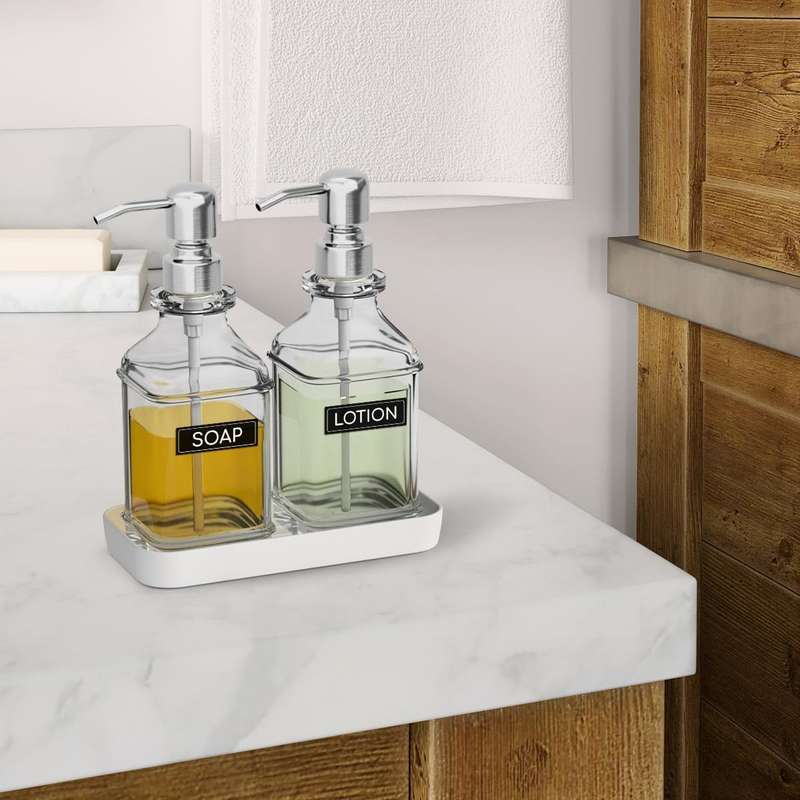 2 Pack Glass Soap Dispenser Clear Antique Design Silver Steel Pump & Labels