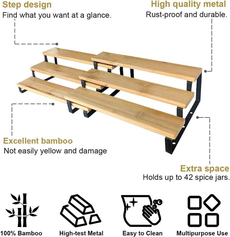 3 Tier Bamboo Expandable Spice Rack Organiser Display Riser Stand Shelf