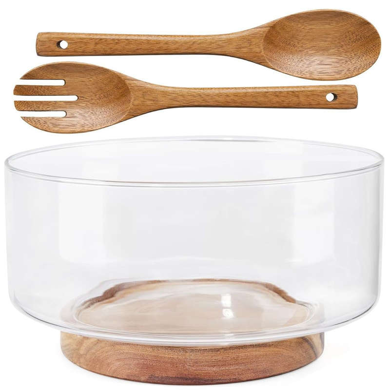 Extra Large Glass Salad Bowl Set With Wood Base & Serving Utensils-Modern