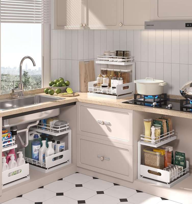 2-Pack Under Sink Organiser Kitchen Bathroom Pull Out Storage Shelves-White