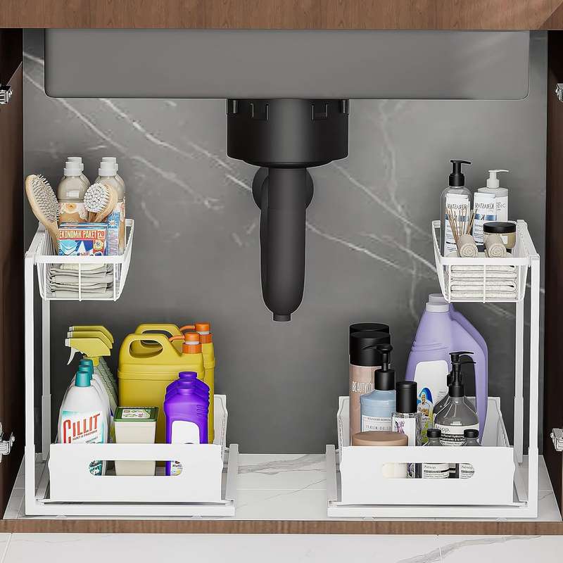 2-Pack Under Sink Organiser Kitchen Bathroom Pull Out Storage Shelves-White