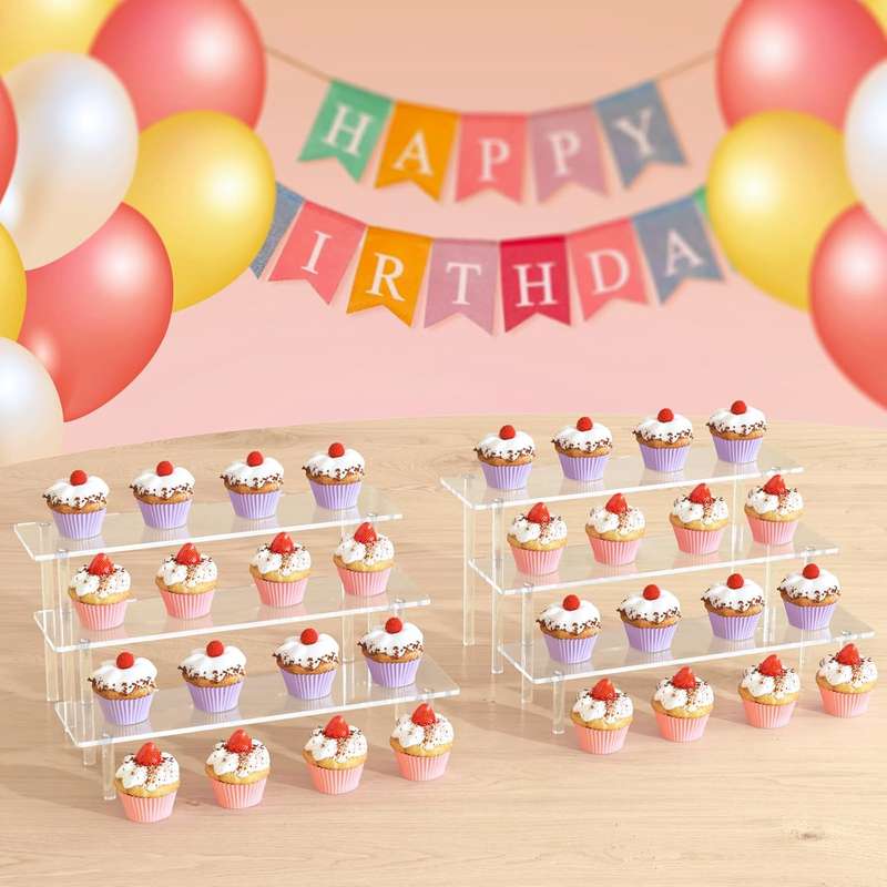 3 Tier Clear Acrylic Display Riser Stands Perfume Organiser Cupcake Stand - 2 Pack
