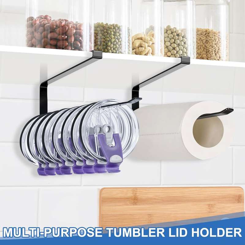 Tumbler Cup Lid Organiser - Under Cabinet Paper Towel Holder Hook - Space Saver - 2 Pack