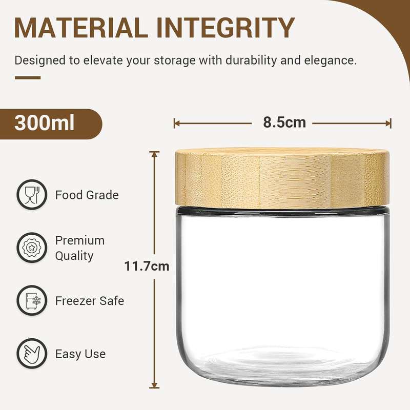 300ml each Overnight Oat Jars Airtight Container Bamboo Lid Kitchen Glass Storage -4 Pack