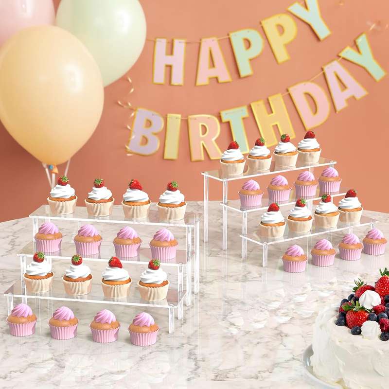 3 Tier Clear Acrylic Display Riser Stands Perfume Organiser Cupcake Stand - 2 Pack