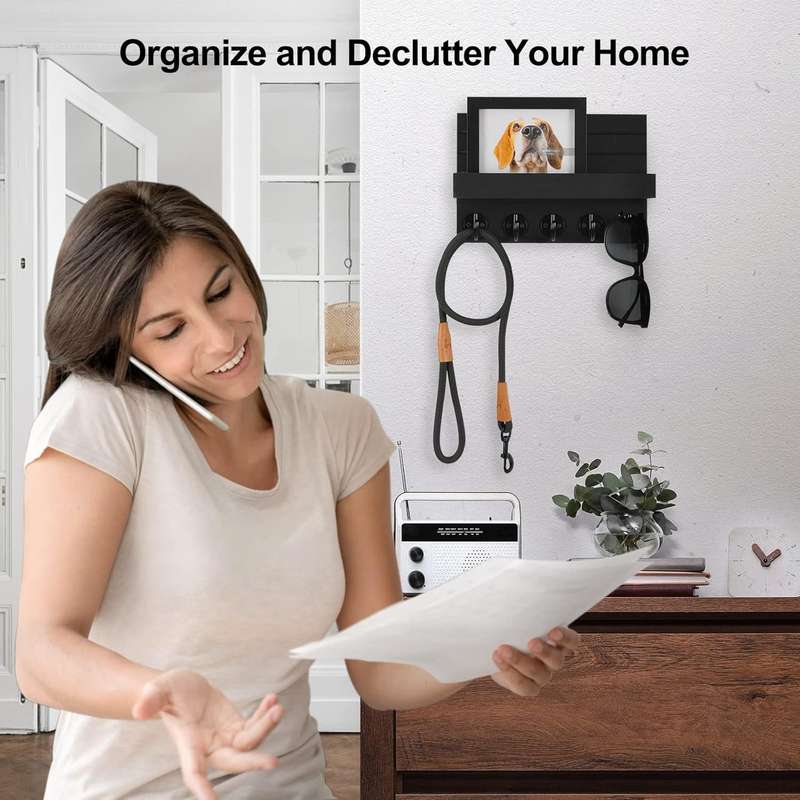 Key Holder and 5 Sturdy Hooks Rack - Black