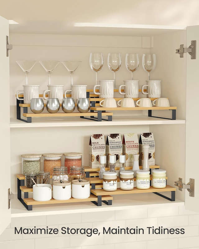 3 Tier Bamboo Expandable Spice Rack Organiser Display Riser Stand Shelf