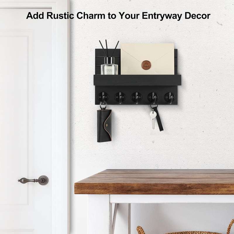 Key Holder and 5 Sturdy Hooks Rack - Black