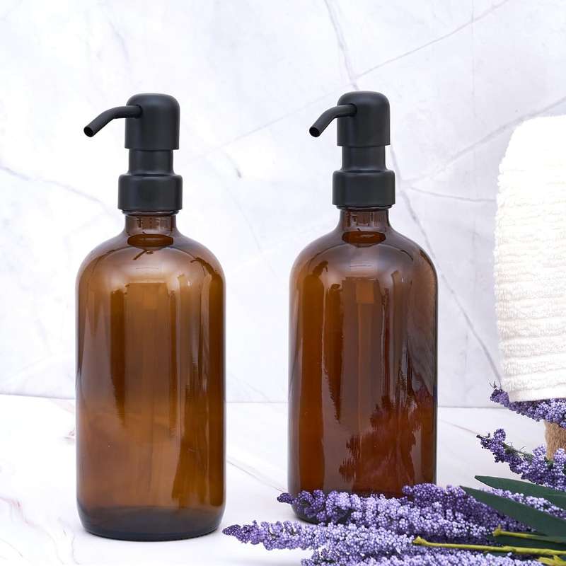 2 Pack Glass Soap Dispenser Amber Refillable Stainless Steel Pump & Labels