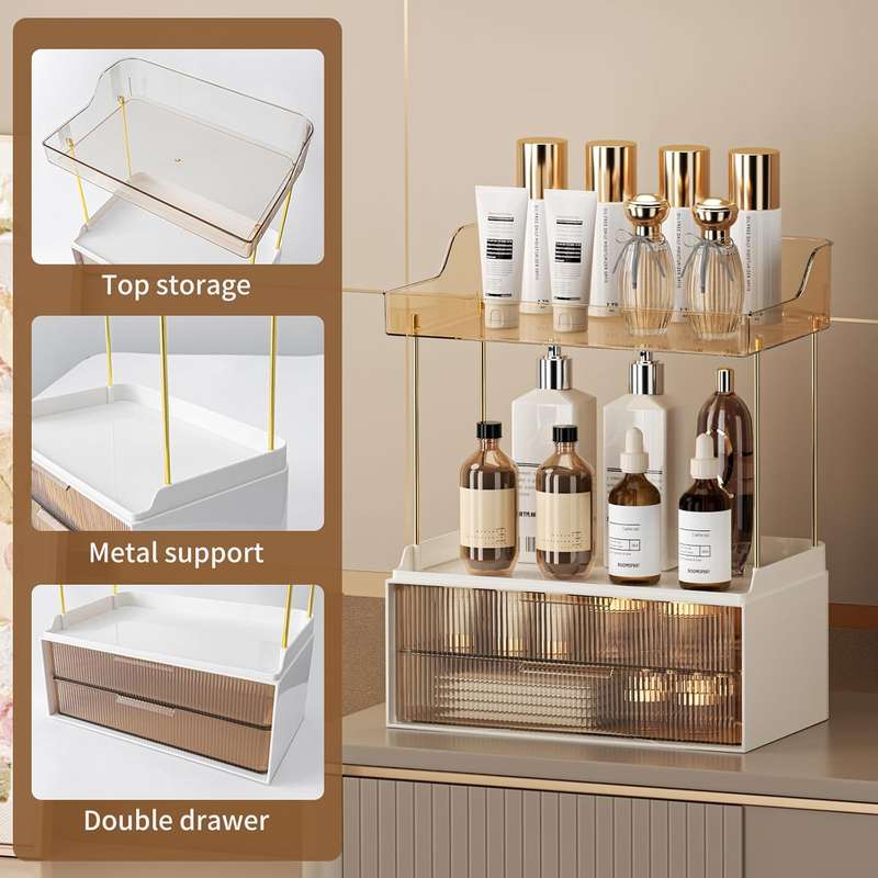 2-Tier 2-Drawer Bathroom Organiser Countertop Multi-Purpose Makeup Storage