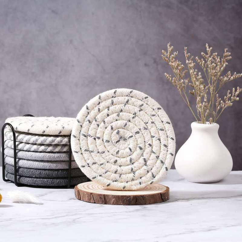 8 Pack Cotton Drink Coasters With Holder For Drinks Cups Hand Woven - Mixed Grey - 11 cm