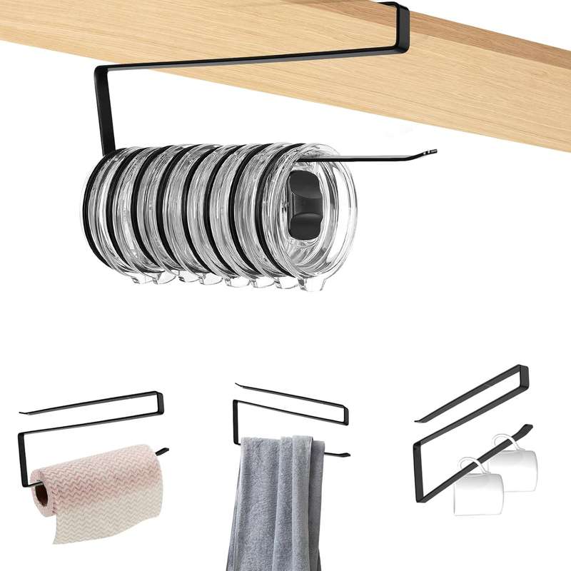 Tumbler Cup Lid Organiser - Under Cabinet Paper Towel Holder Hook - Space Saver - 2 Pack