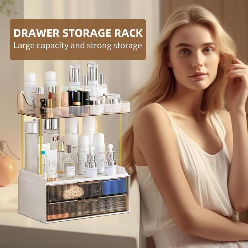 2-Tier 2-Drawer Bathroom Organiser Countertop Multi-Purpose Makeup Storage