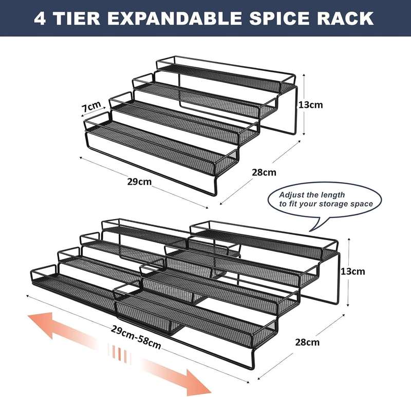 2-Pack 4 Tier Expandable Spice Rack Organiser For Cabinet Countertop-Metal